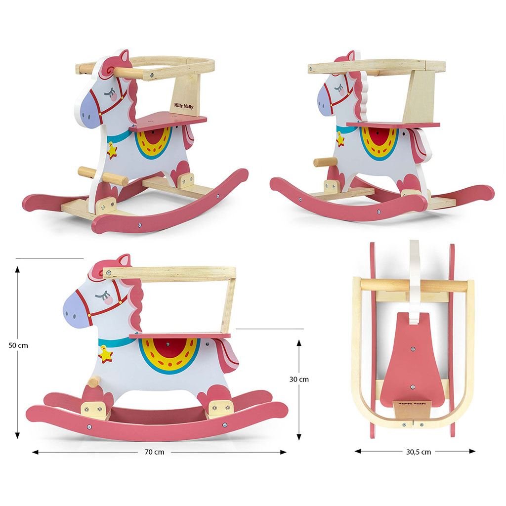 Drevený Hojdací Koník s Operadlom Milly Mally Lucky 12 Ružový - Hojdacie Hračky - Milly Mally