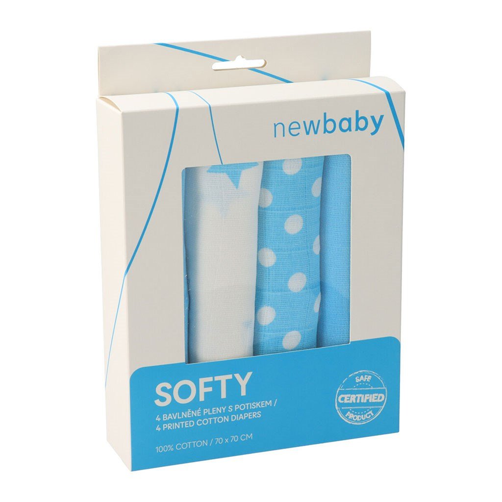 Látkové Bavlnené Plienky New Baby Softy s Potiskom 70 x Cm 4 Ks Tyrkysovo-biele - Plienky - New Baby